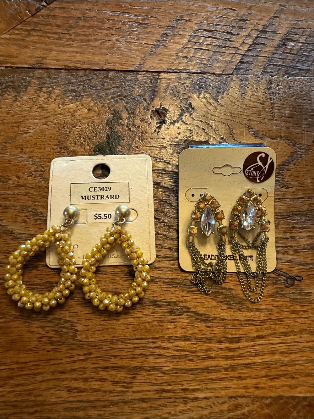 Mustard Beaded Teardrop Hoop Earrings and gold chain earrings